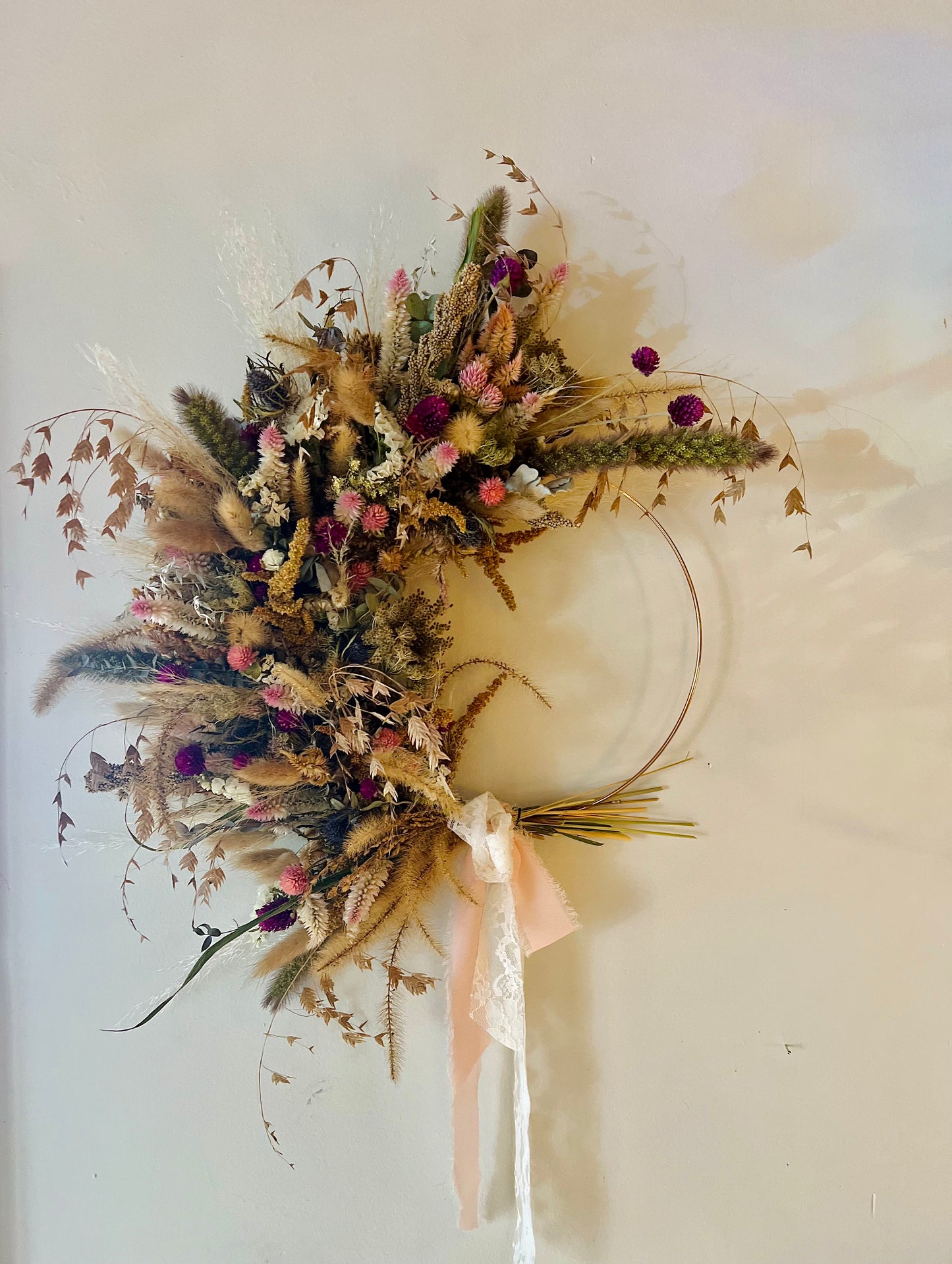 Preserved Flower Wreath (golden metal hoop)